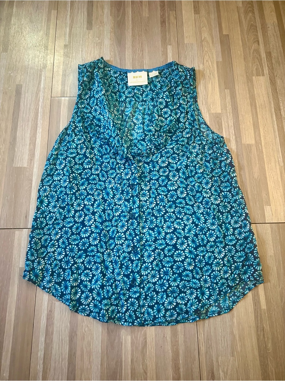 Anthropologie Maeve Blue/Teal Floral Sleeveless Button Up Sleeveless Top Size 2